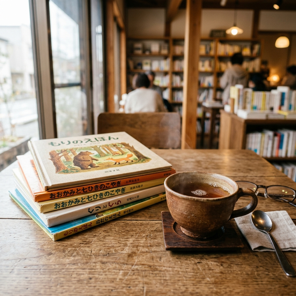 店内のたくさんの絵本と珈琲